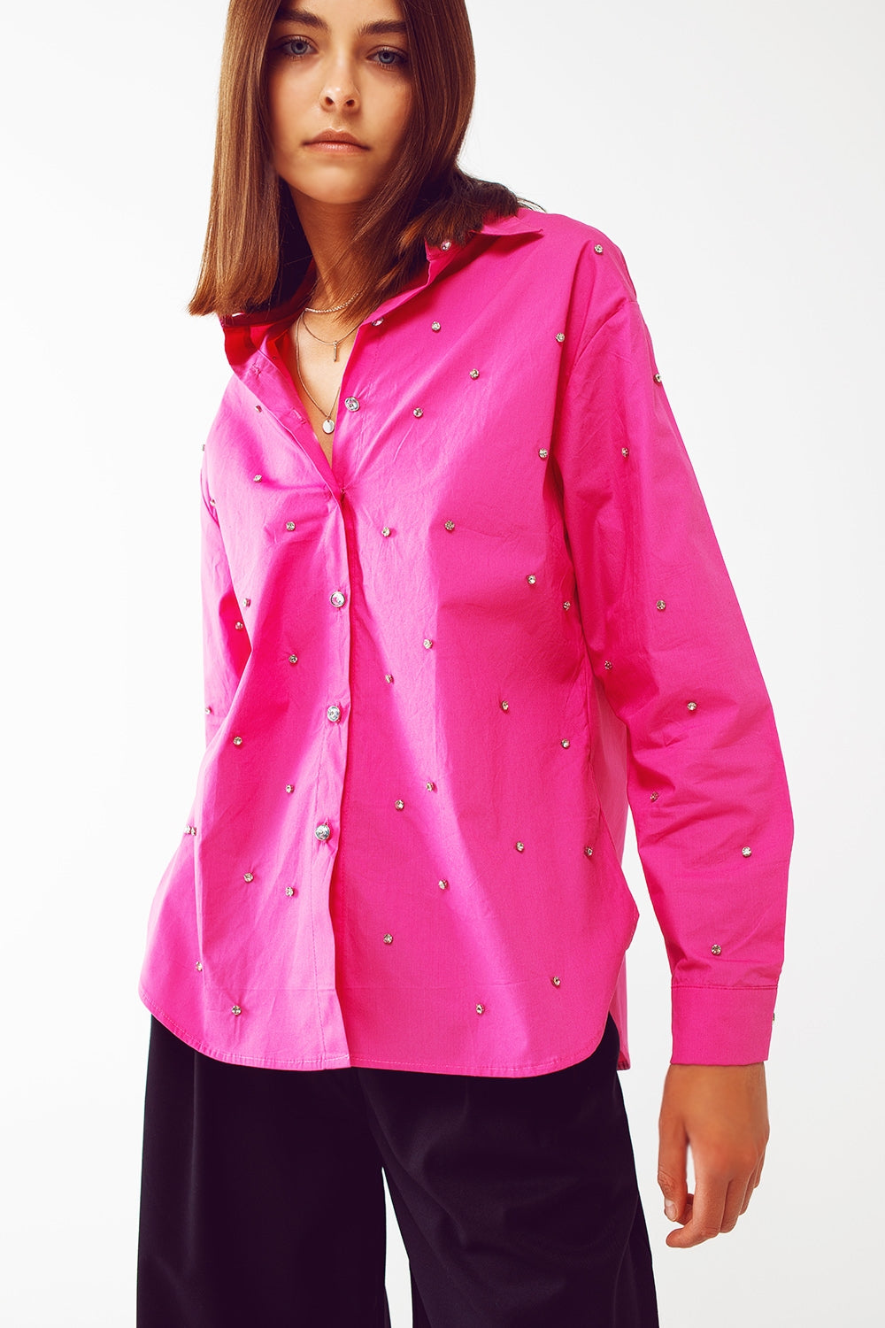 Embellished Shirt With Uneven Hem in Fuchsia - Szua Store