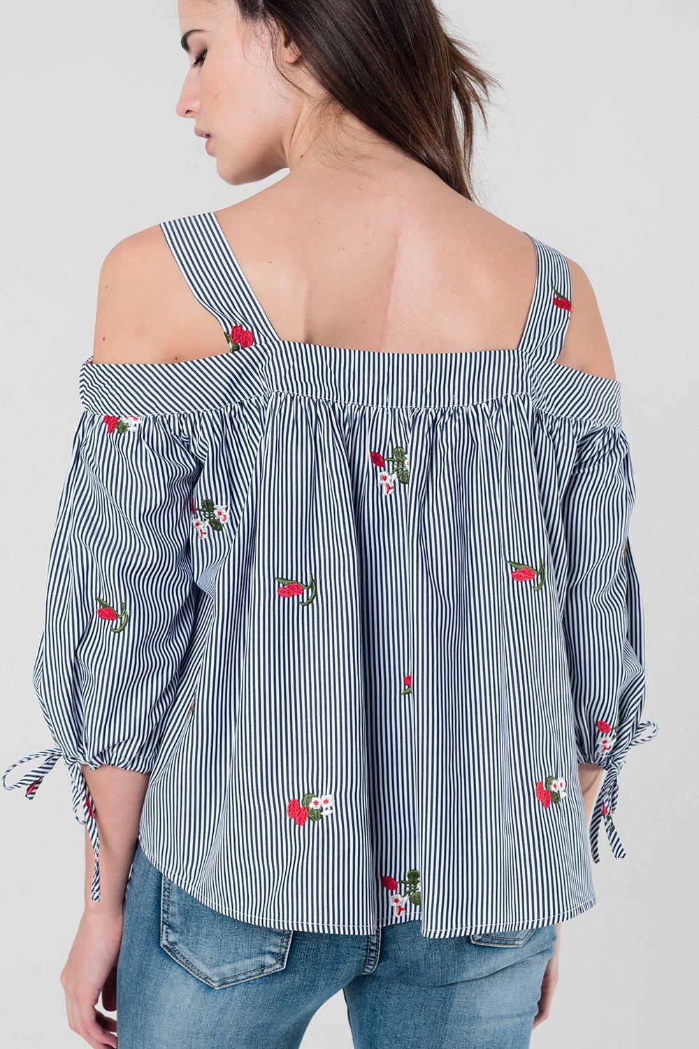 Embroidered cold shoulder striped top in navy Szua Store