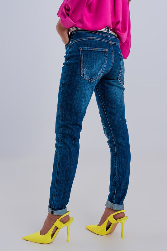 Exposed button ripped boyfriend jean in dark blue Szua Store