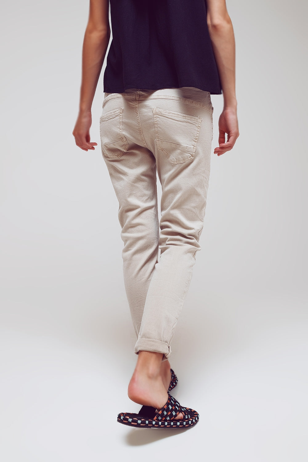 Exposed buttons skinny jeans in beige - Szua Store