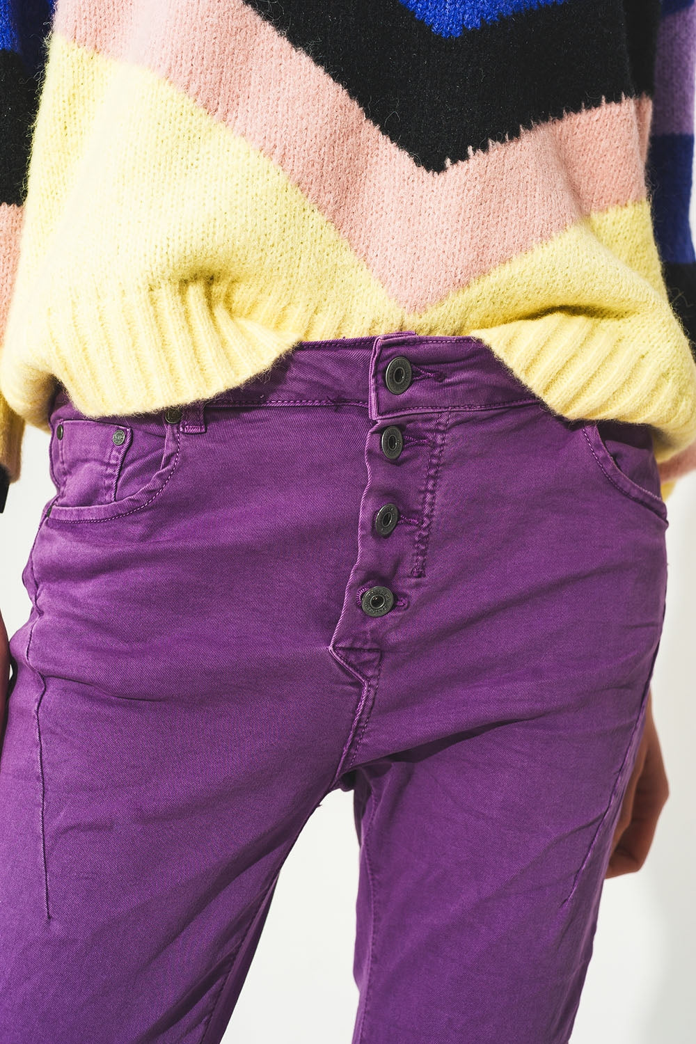 Exposed buttons skinny jeans in purple - Szua Store