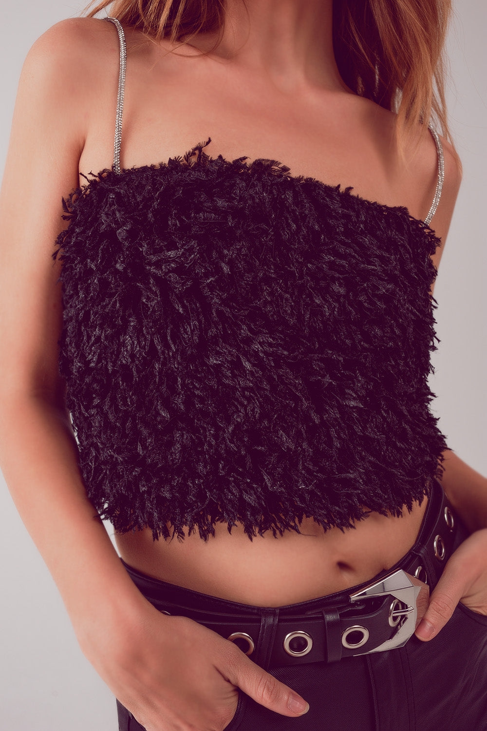 Faux feather crop cami in black Szua Store