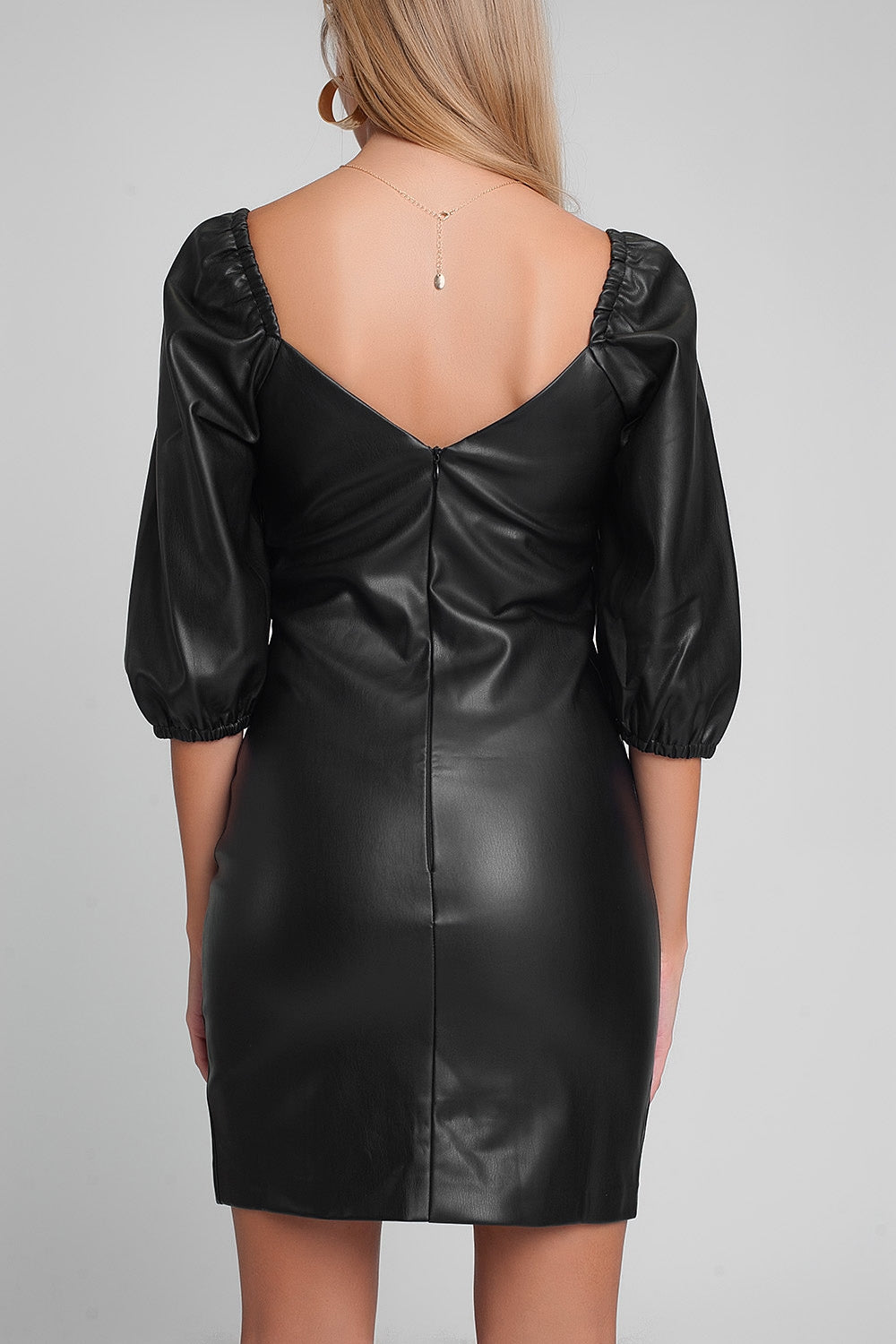 Faux leather mini dress with puff sleeves in black Szua Store