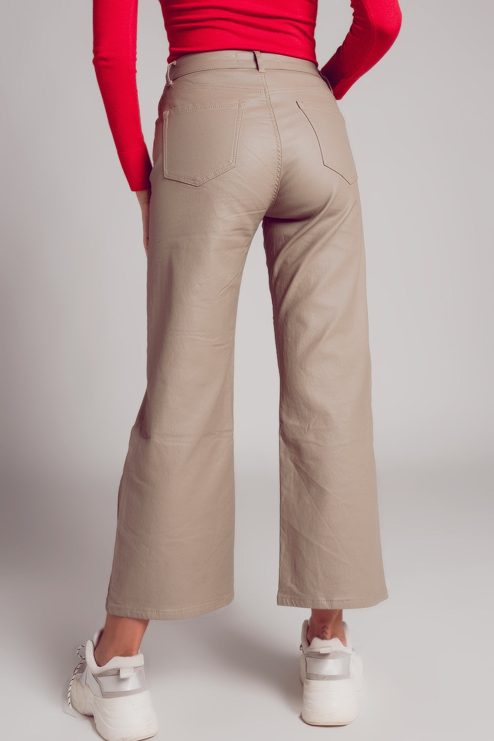 Faux leather wide leg trouser in beige Szua Store