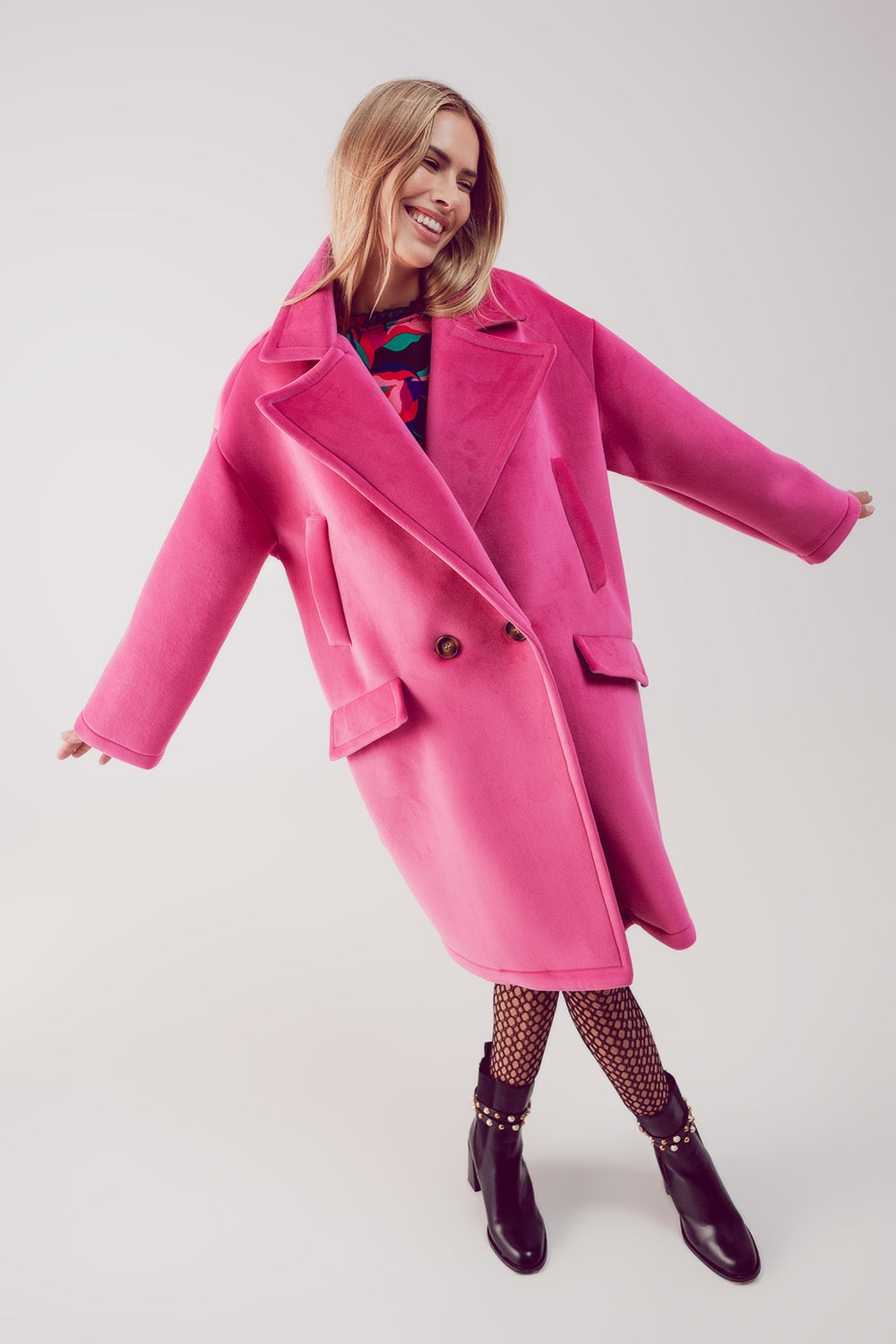 Faux suede oversized coat in fuchsia Szua Store