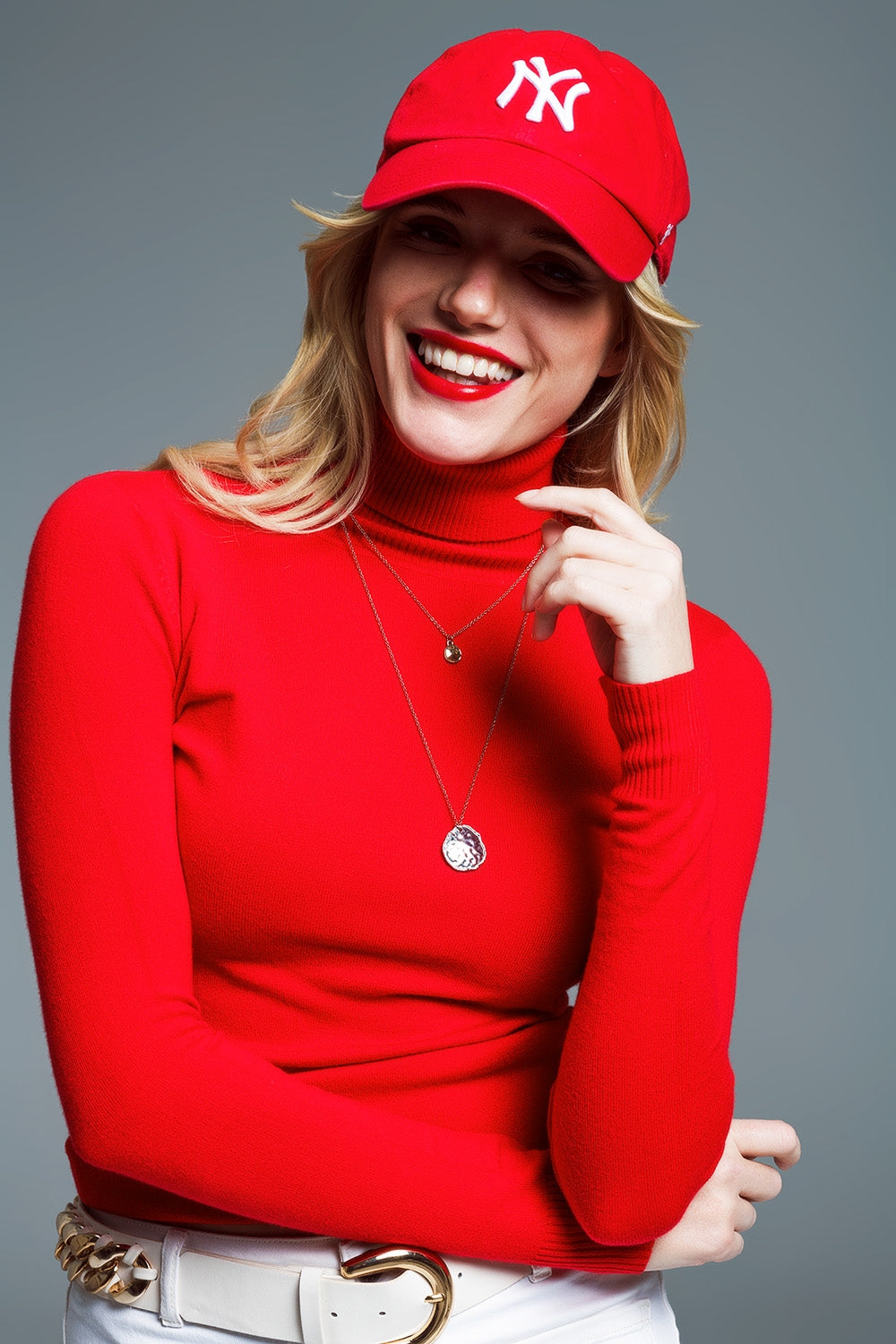 Q2 Fine knit high neck jumper in red