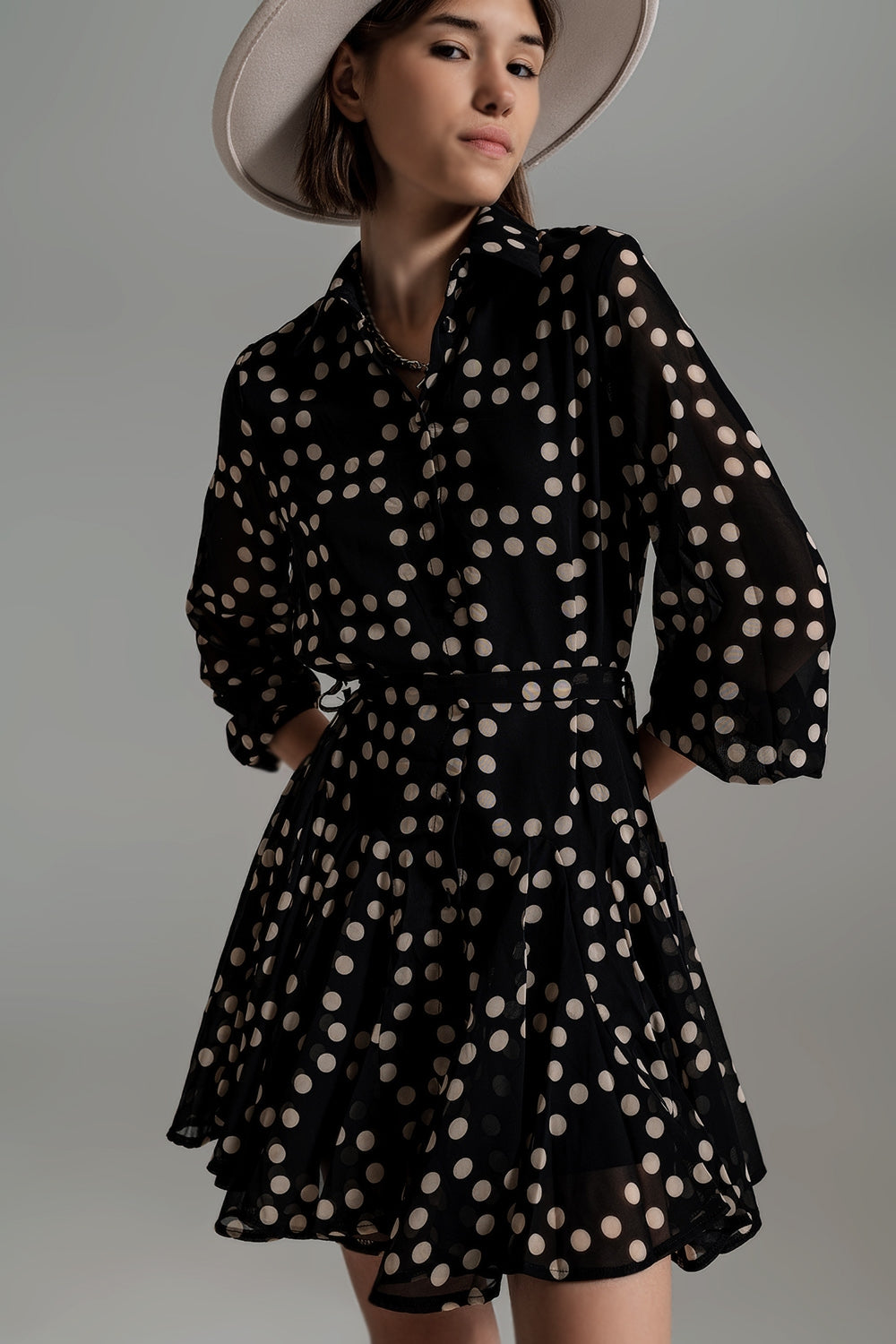 Q2 Fit and Frill Polka Dot Dress With Voluminous Sleeves in Black