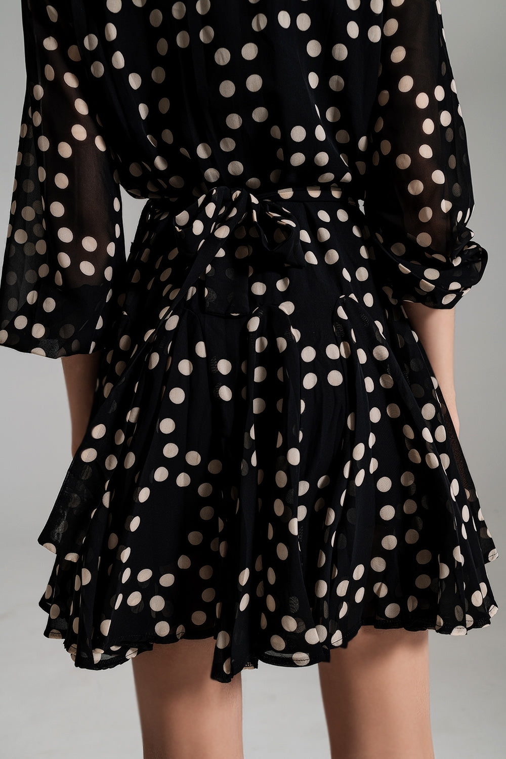 Fit and Frill Polka Dot Dress With Voluminous Sleeves in Black