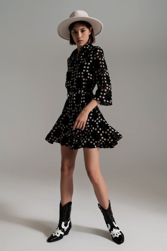Fit and Frill Polka Dot Dress With Voluminous Sleeves in Black