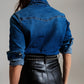 Fitted denim shirt with black graphic details with strass