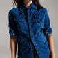 Fitted denim shirt with black graphic details with strass