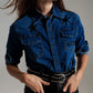 Q2 fitted denim shirt with black graphic details with strass