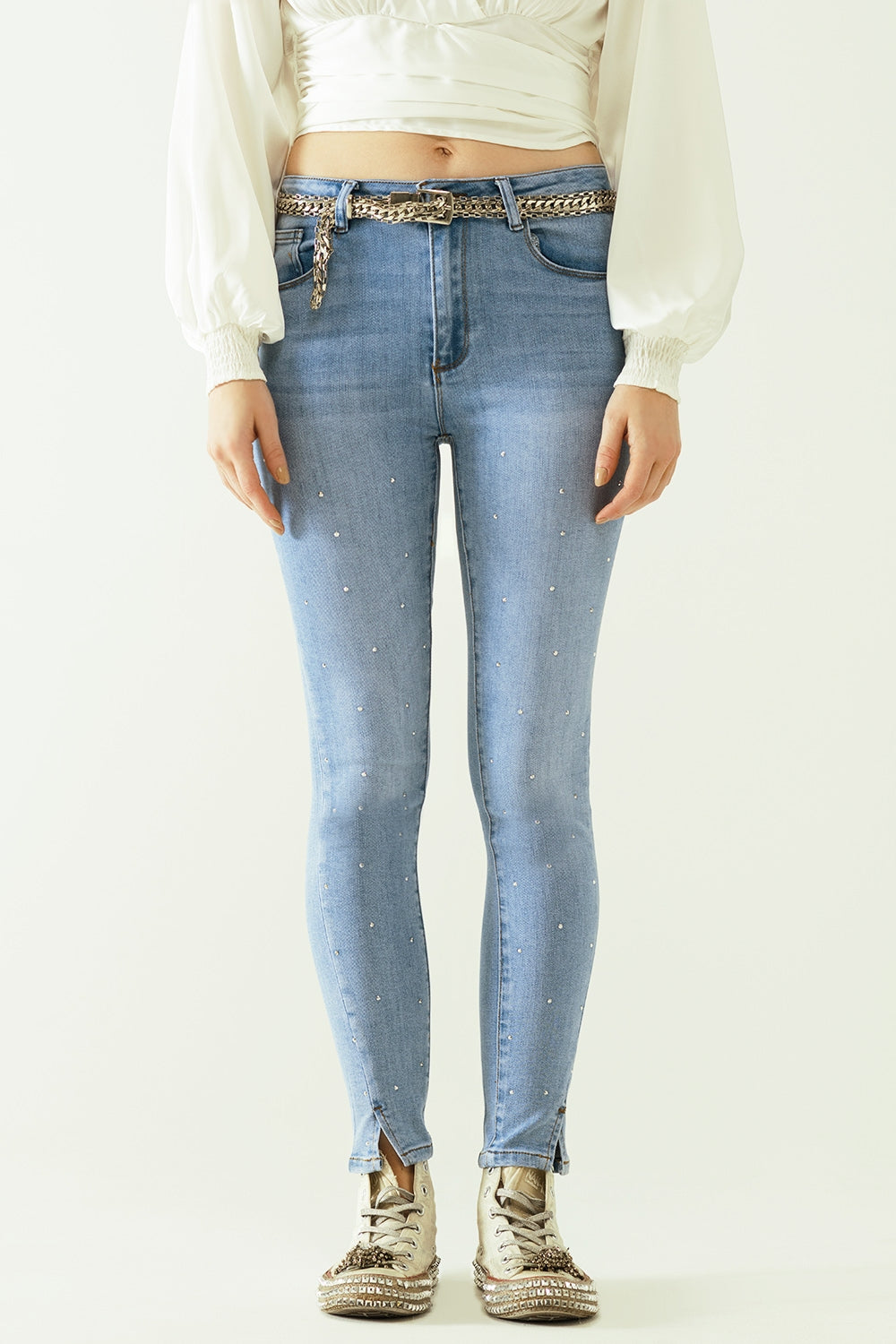 Q2 Five-pocket skinny jeans in stretch denim with strass detail all over