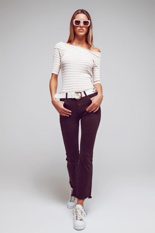 Flare jeans with raw hem edge in brown - Szua Store