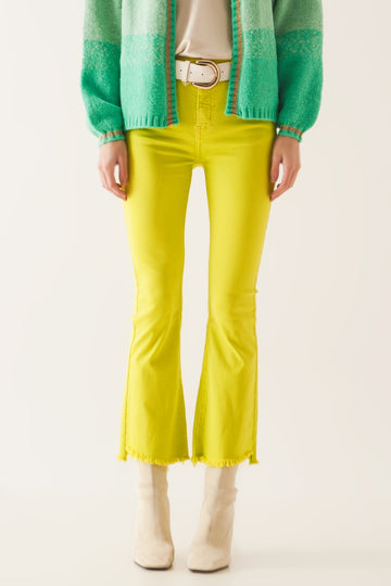 Q2 Flare jeans with raw hem edge in yellow