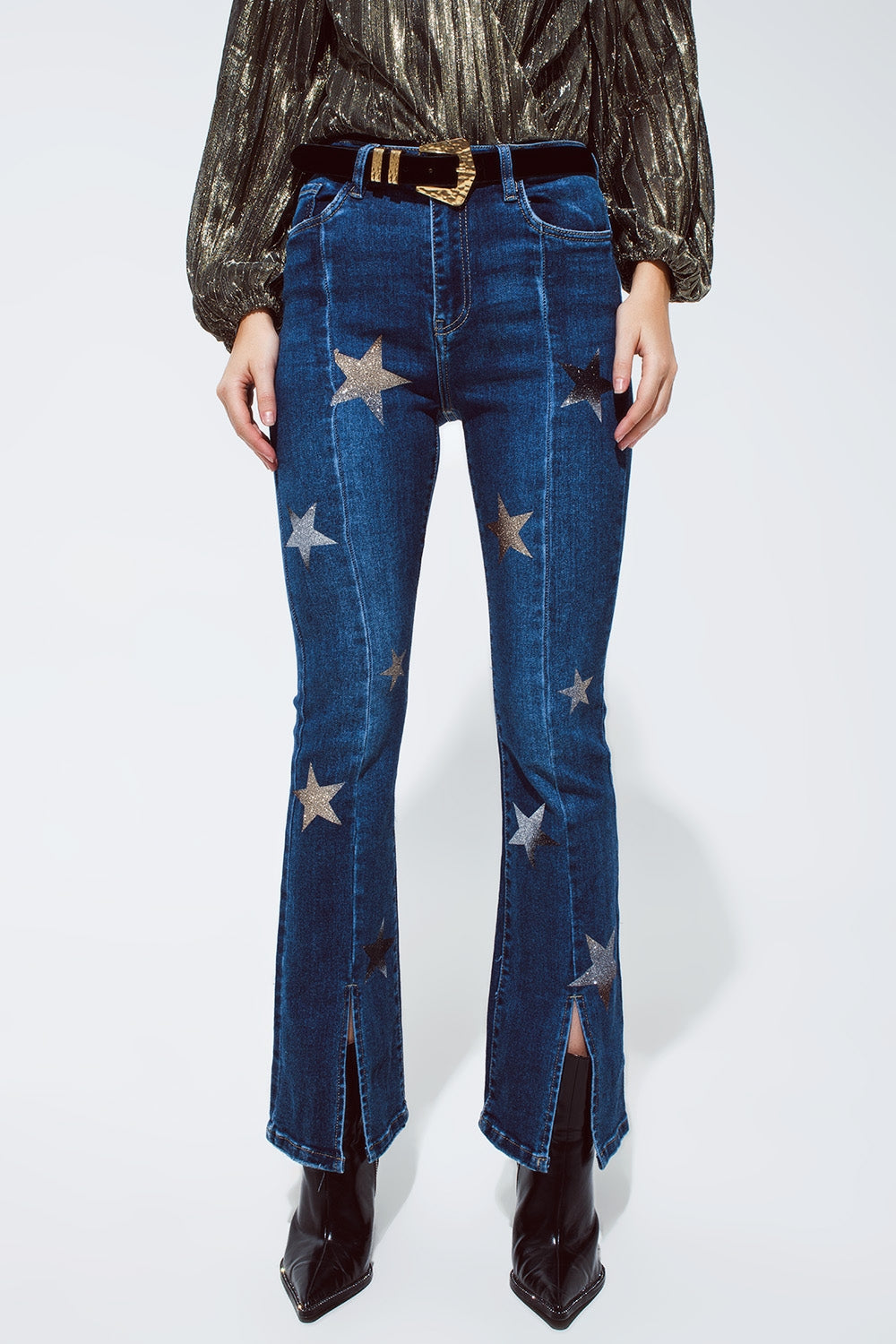 Q2 Flared Jeans with Shiny Stars Detail in Blue