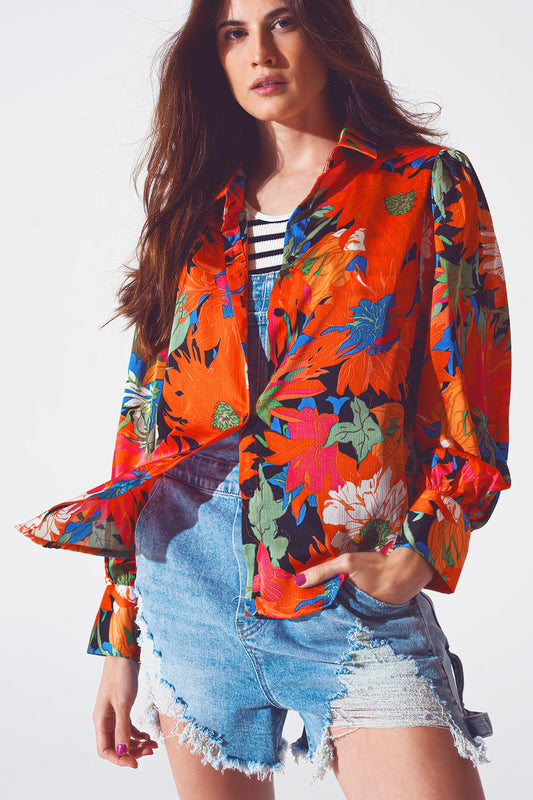 Floral Balloon Sleeves chiffon Shirt in Black - Szua Store