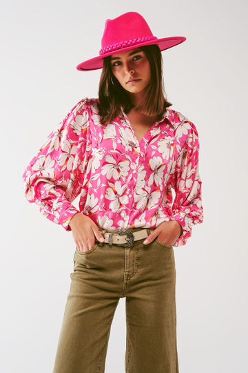 Q2 Floral chiffon Blouse with Volume Sleeves in Pink