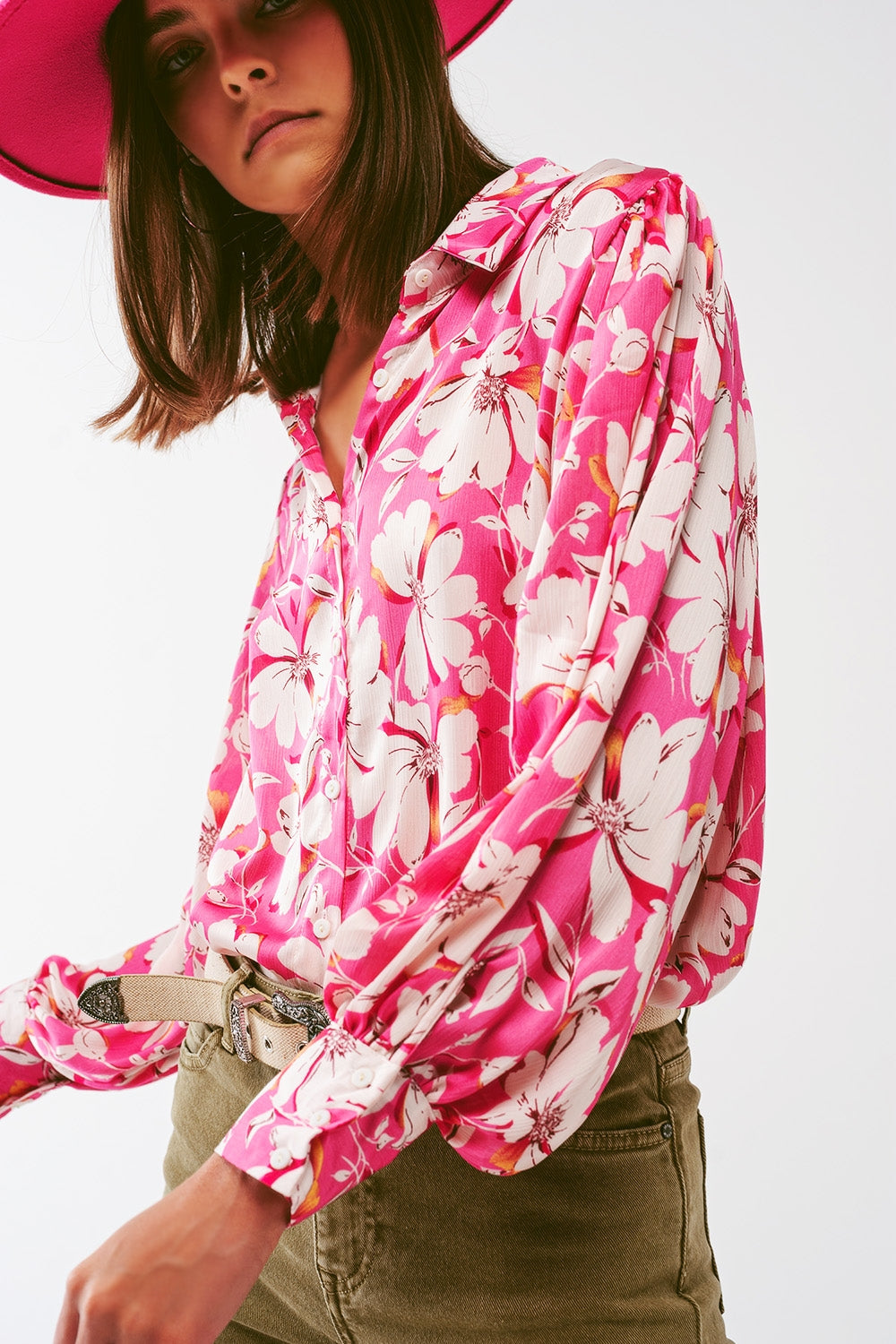 Floral chiffon Blouse with Volume Sleeves in Pink - Szua Store