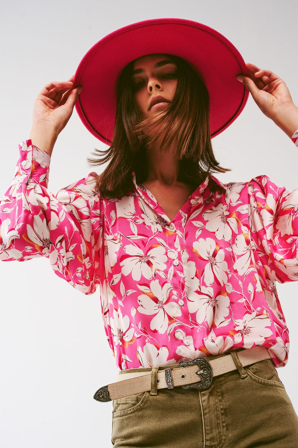 Floral chiffon Blouse with Volume Sleeves in Pink - Szua Store