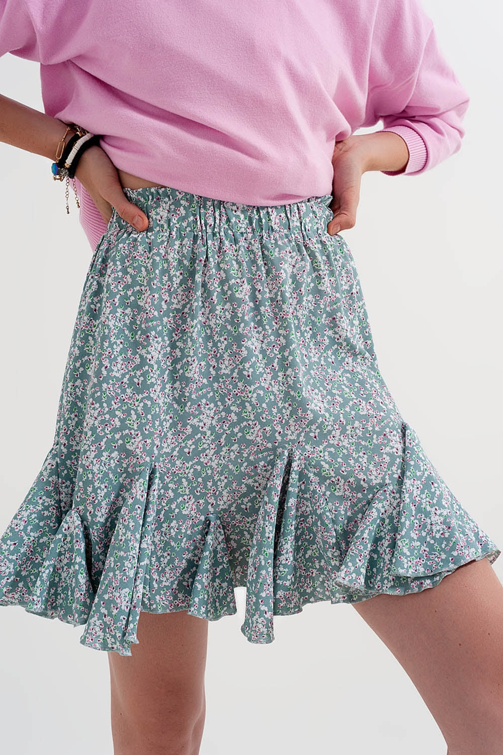 Floral flounce co-ord mini skirt in green Szua Store