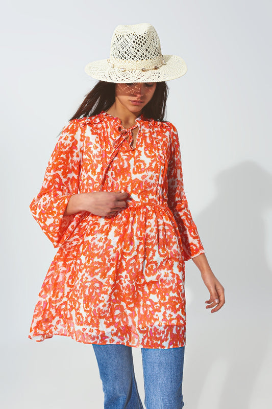 Floral Mini Dress with V neck in Orange - Szua Store
