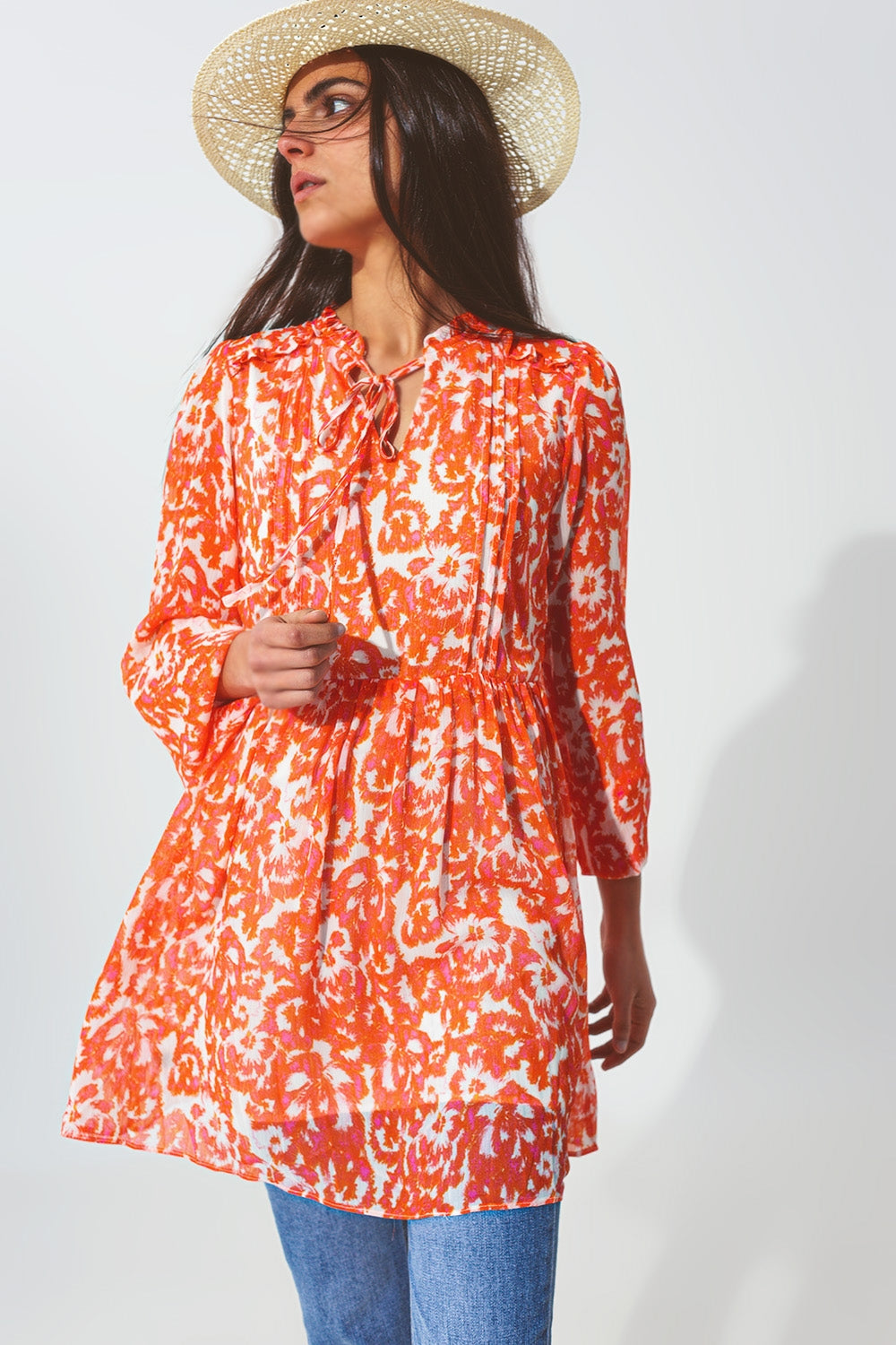 Floral Mini Dress with V neck in Orange - Szua Store