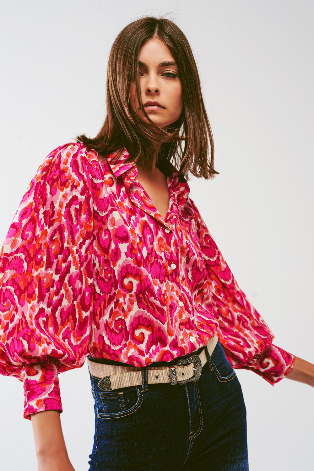 Q2 Floral Print Blouse with Volume Sleeves in Pink