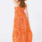 Floral Print Maxi Dress with V neck in orange - Szua Store