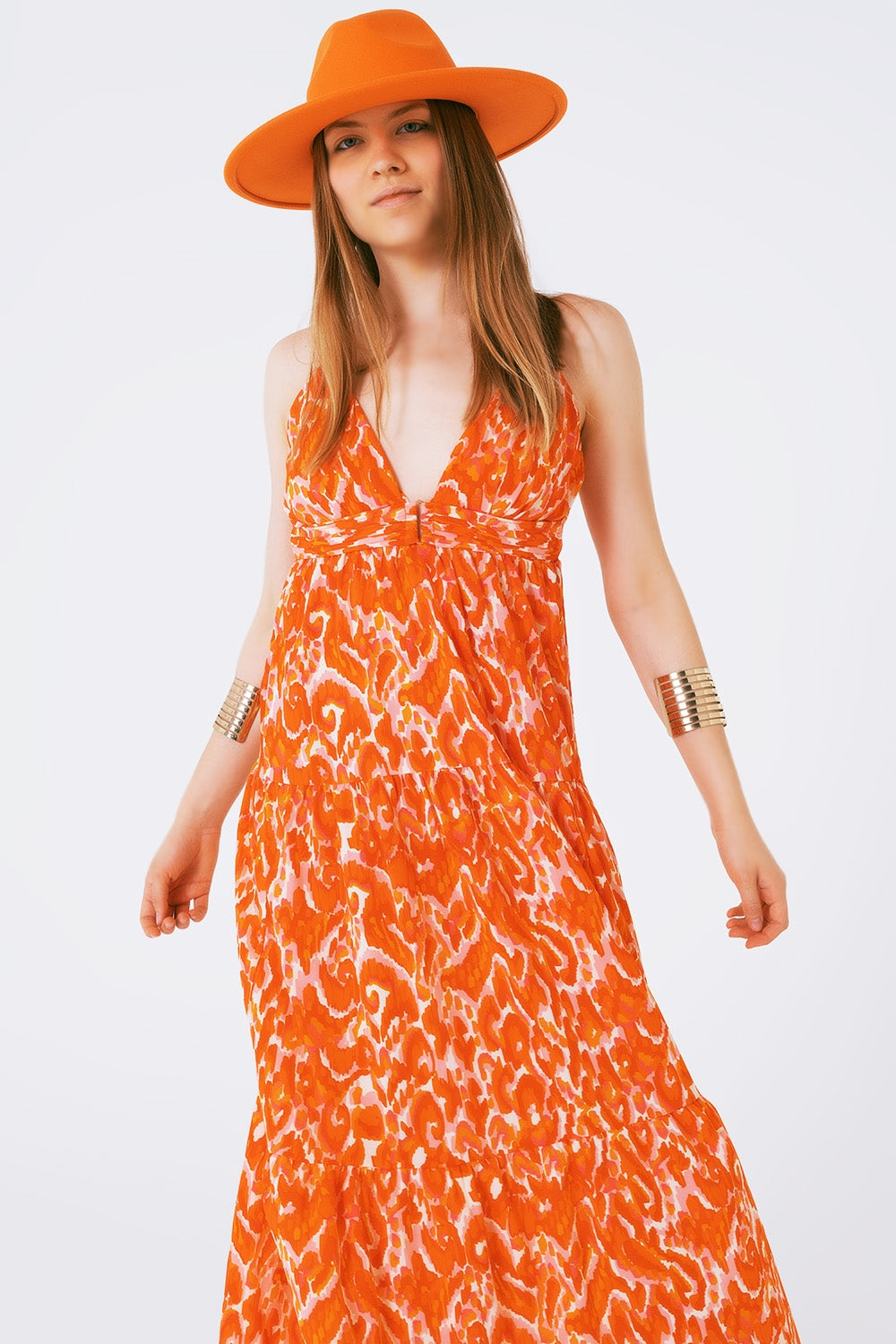 Floral Print Maxi Dress with V neck in orange - Szua Store