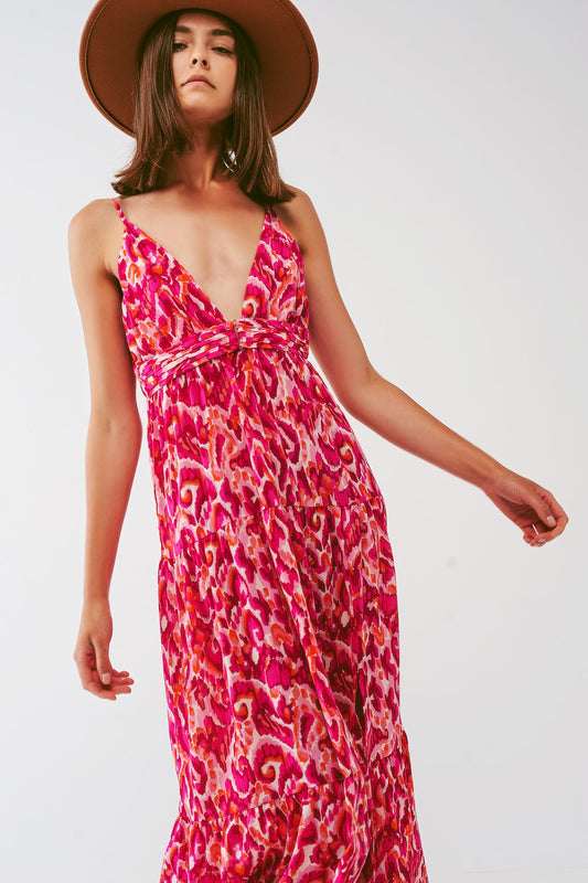 Floral Print Maxi Dress with V neck in Pink - Szua Store