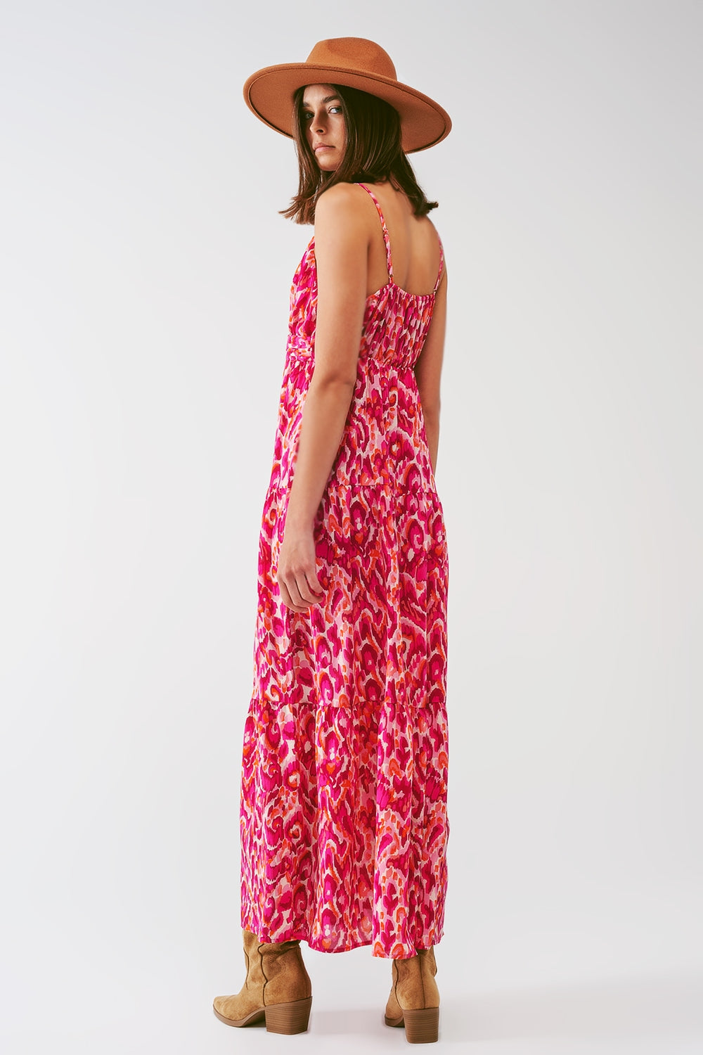 Floral Print Maxi Dress with V neck in Pink - Szua Store