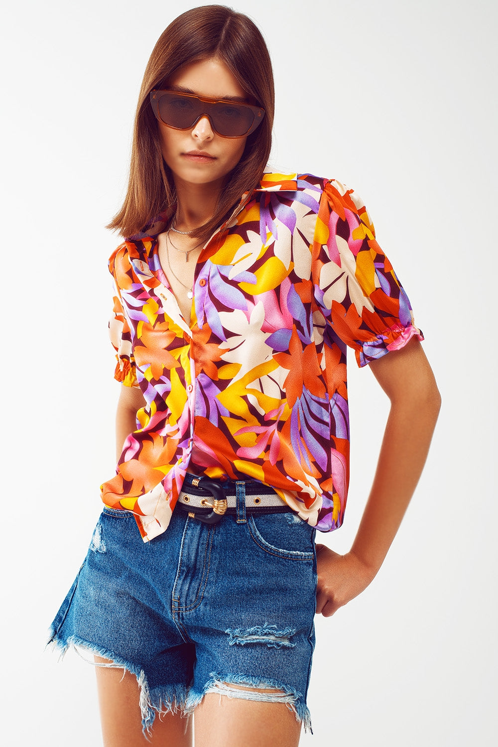 Q2 Floral print shirt with elasticated sleeves in multi colour