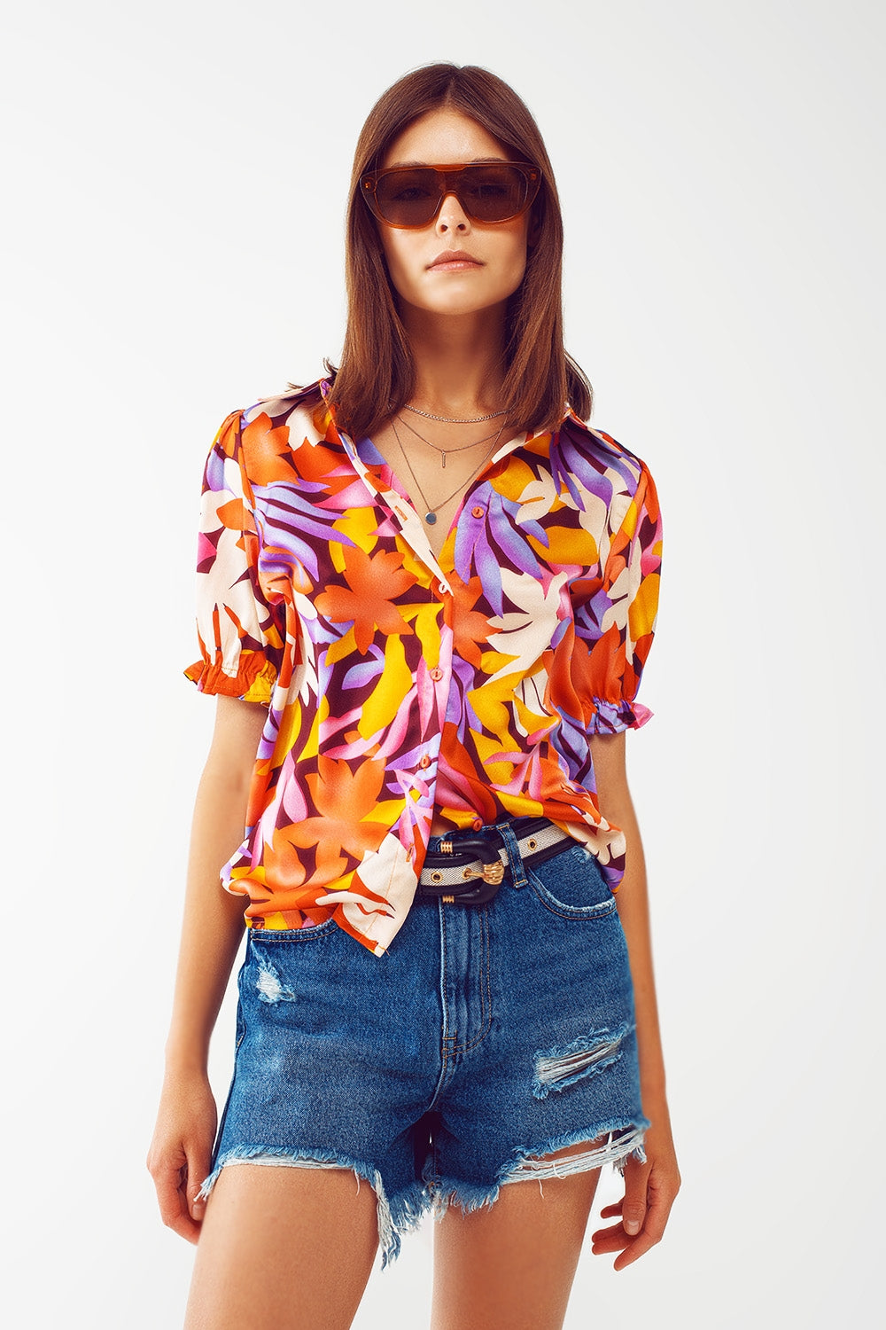 Floral print shirt with elasticated sleeves in multi colour - Szua Store