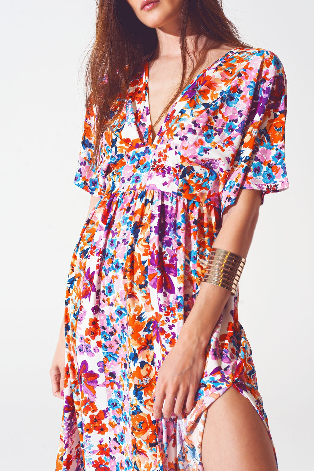 Floral V Neck Maxi Dress in White - Szua Store