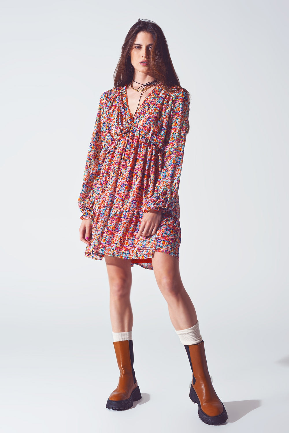 Floral V Neck Mini Dress in Multicolour - Szua Store