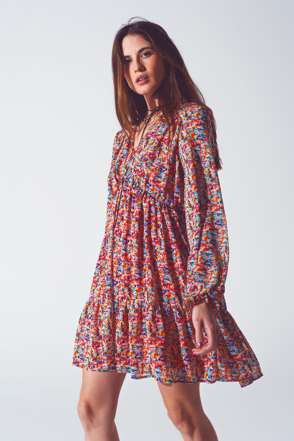 Floral V Neck Mini Dress in Multicolour - Szua Store