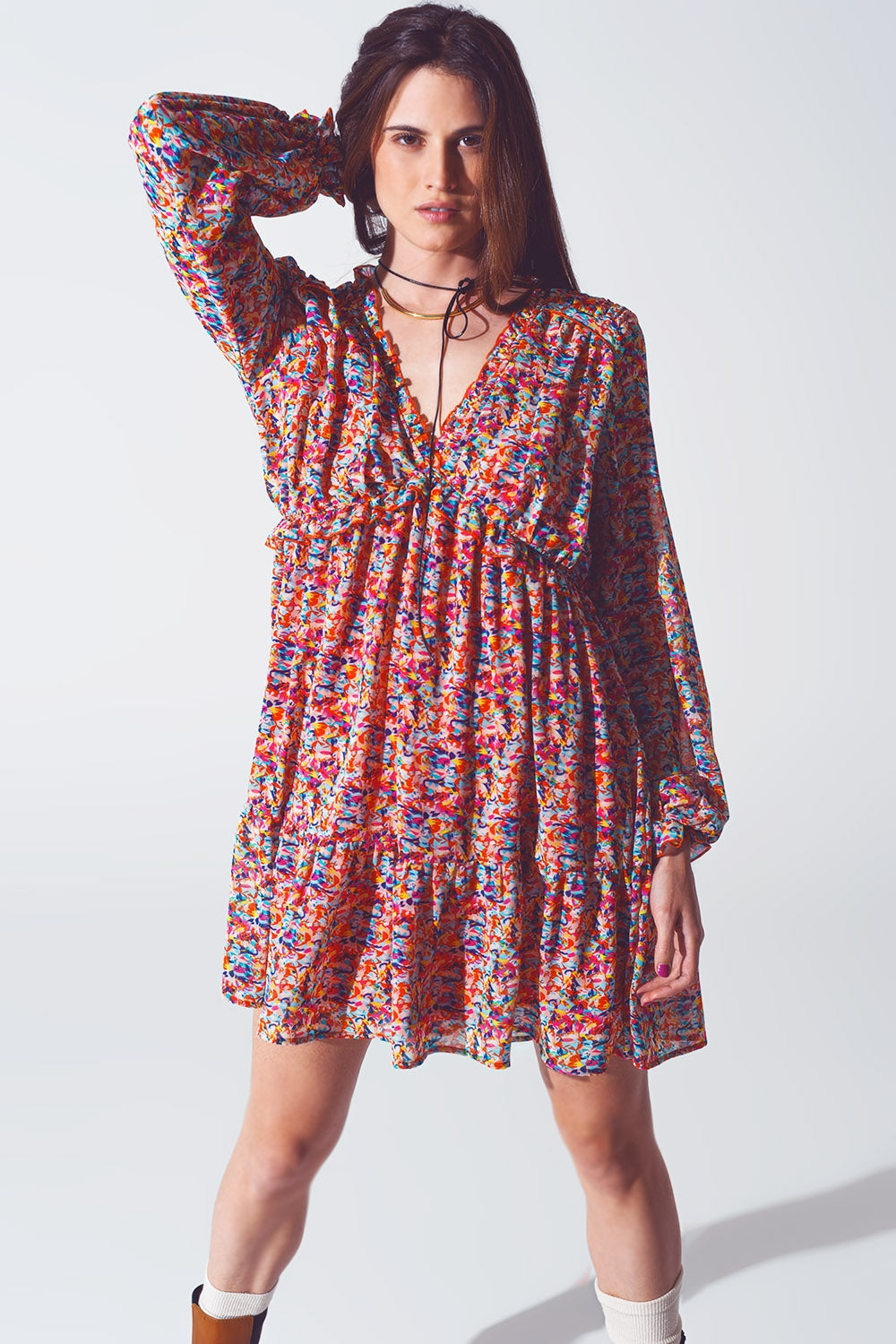 Floral V Neck Mini Dress in Multicolour - Szua Store