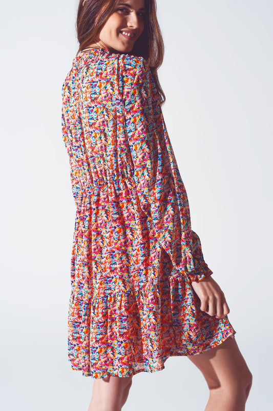 Floral V Neck Mini Dress in Multicolour - Szua Store