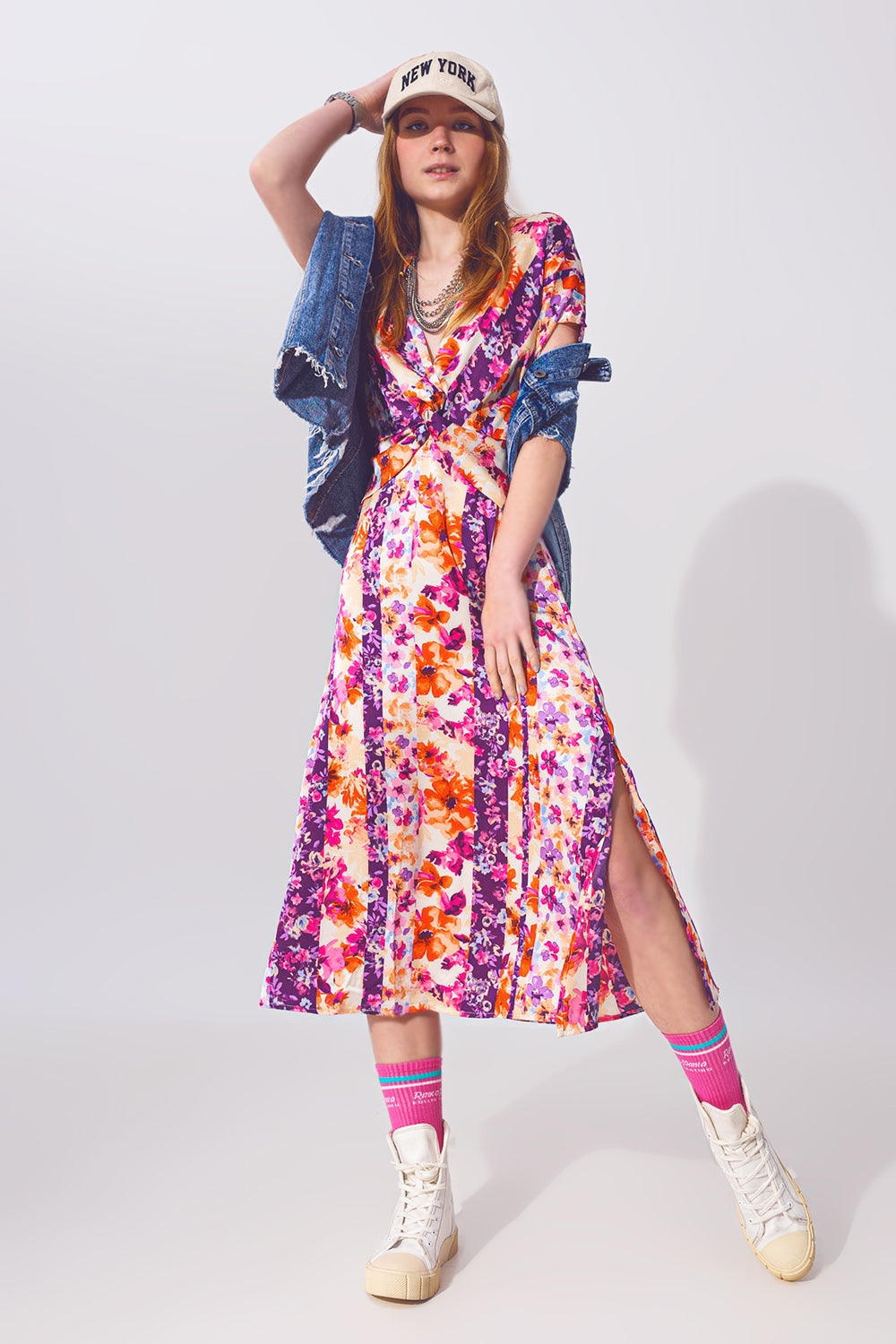 Q2 Flower Print Front Knot Maxi Dress in Multicolour
