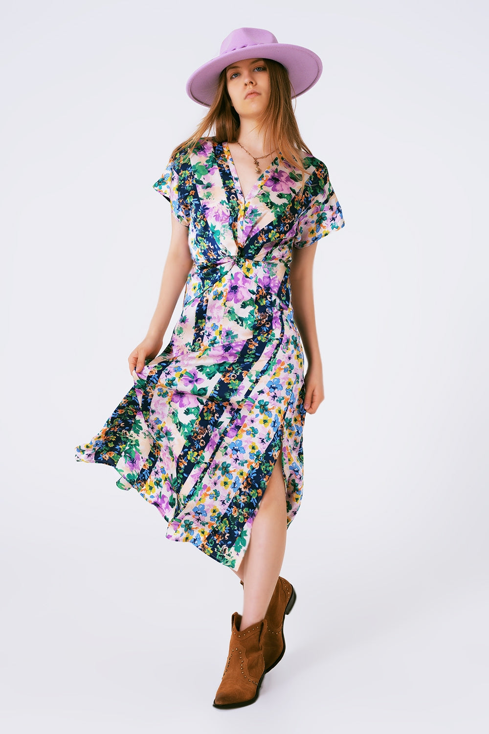 Q2 Flower Print Front Knot Maxi Dress in Purple and Green Multicolour