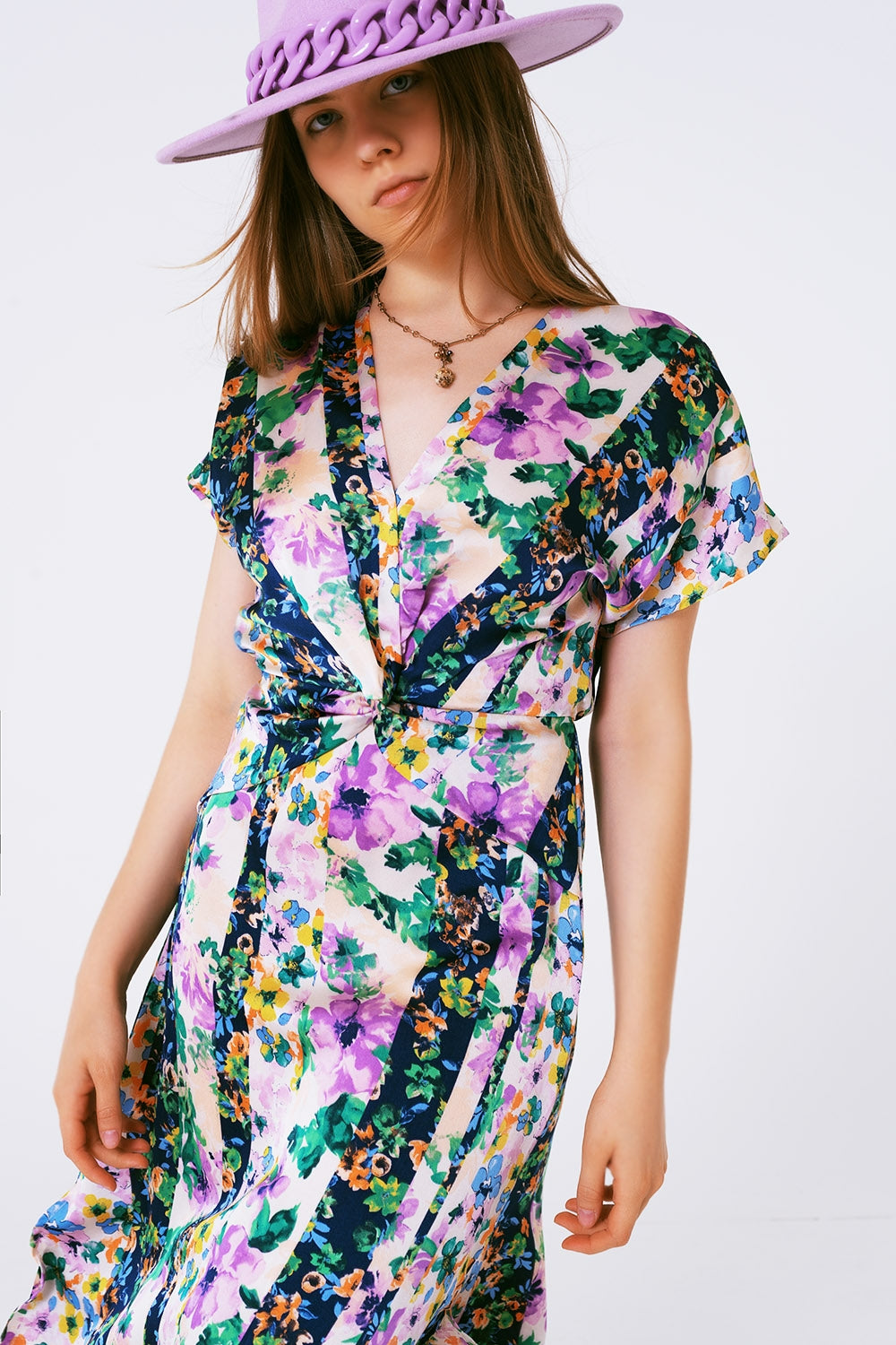 Flower Print Front Knot Maxi Dress in Purple and Green Multicolour - Szua Store