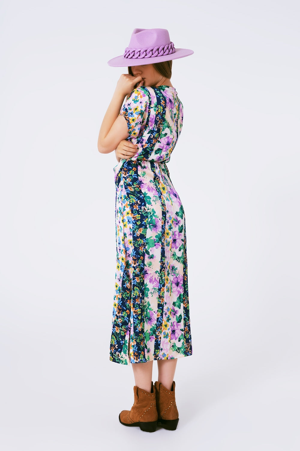 Flower Print Front Knot Maxi Dress in Purple and Green Multicolour - Szua Store