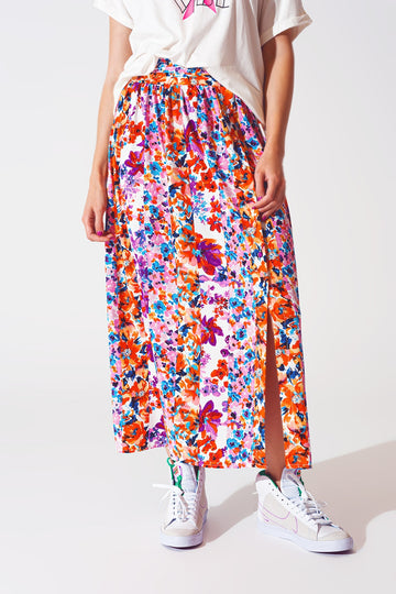 Q2 Flower Print Pleated Midi Skirt