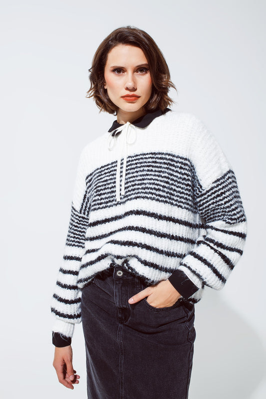 Q2 Fluffy  Crew Neck Sweater With thin Black Stripes in White