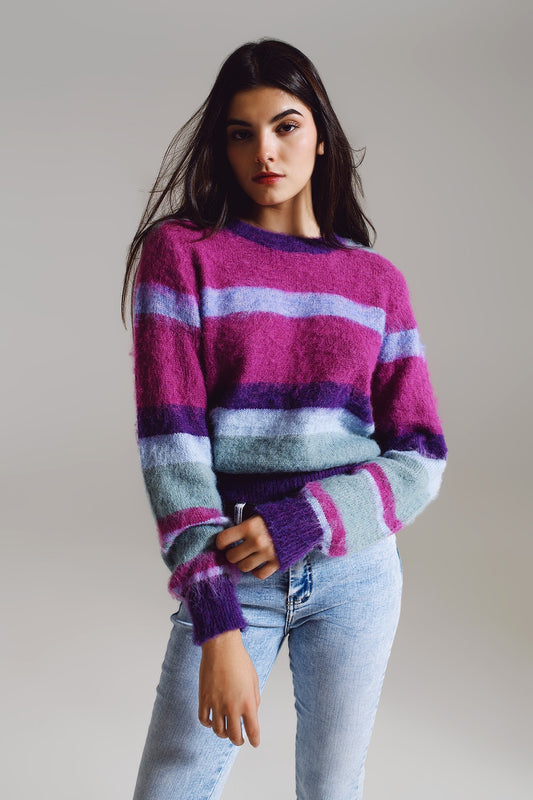 Q2 Fluffy Stripy Sweater in Shades of Purple Blue and White