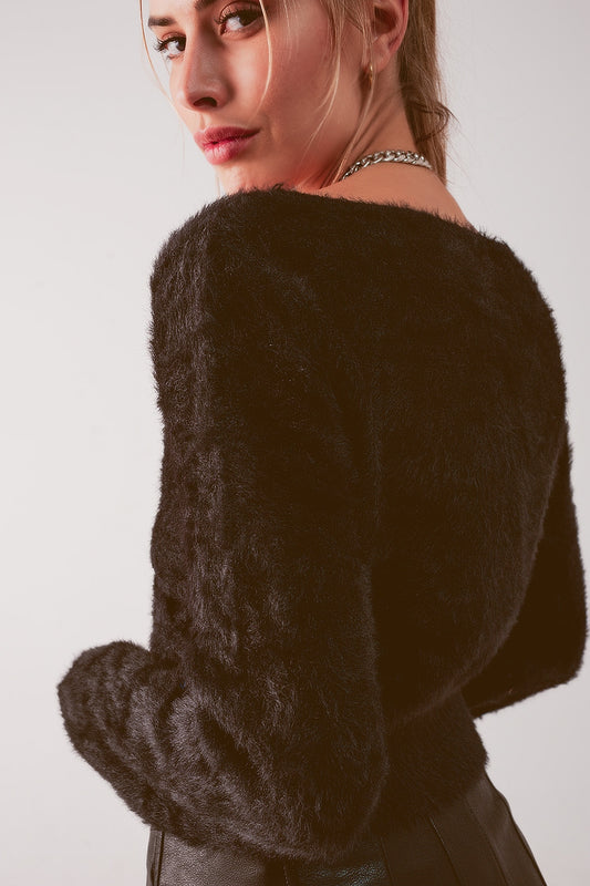 Fluffy v neck knit jumper in black Szua Store