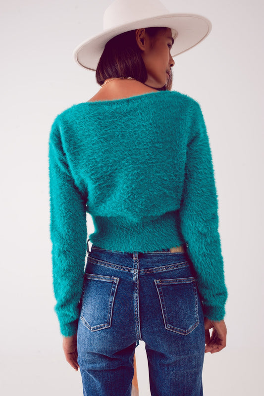 Fluffy v neck knit jumper in green Szua Store