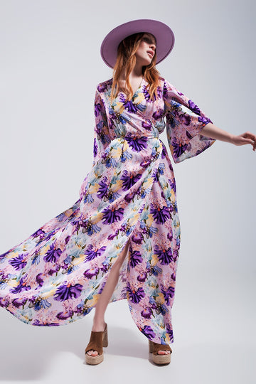 Flutter sleeve maxi dress in purple floral print Szua Store