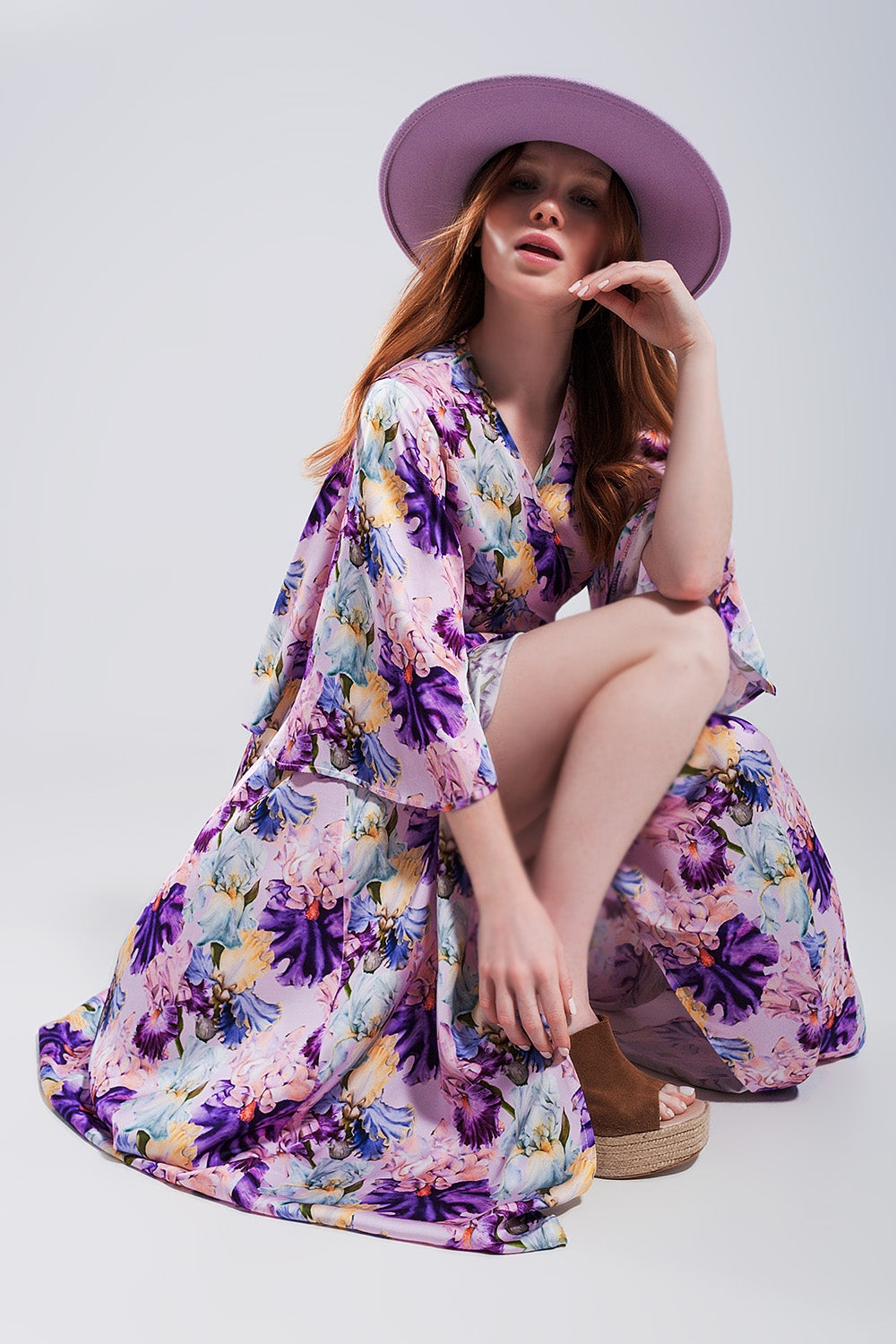 Flutter sleeve maxi dress in purple floral print Szua Store